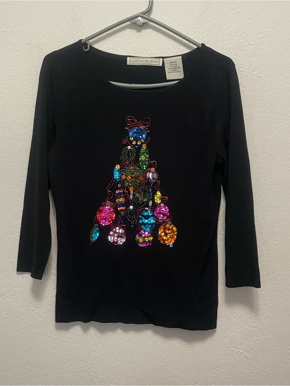 Lucia Burns Christmas Pullover Sweater Black Tree Sequin Beads Bling Sz M